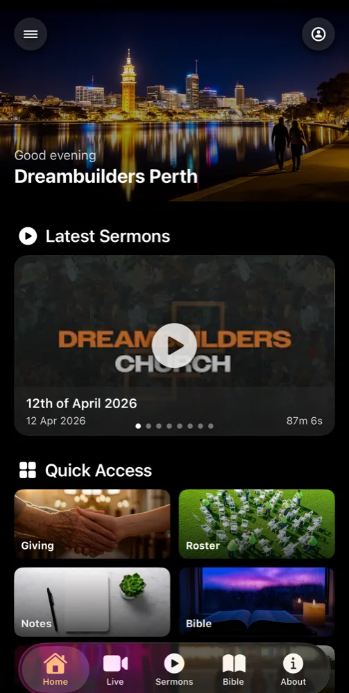 Dreambuilders Church app home screen